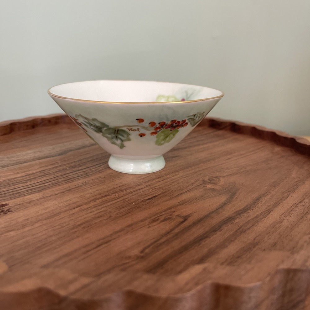 Vintage HANDPAINTED Rice Bowl Porcelain grapes cherries signed "Rol 1965" Gold